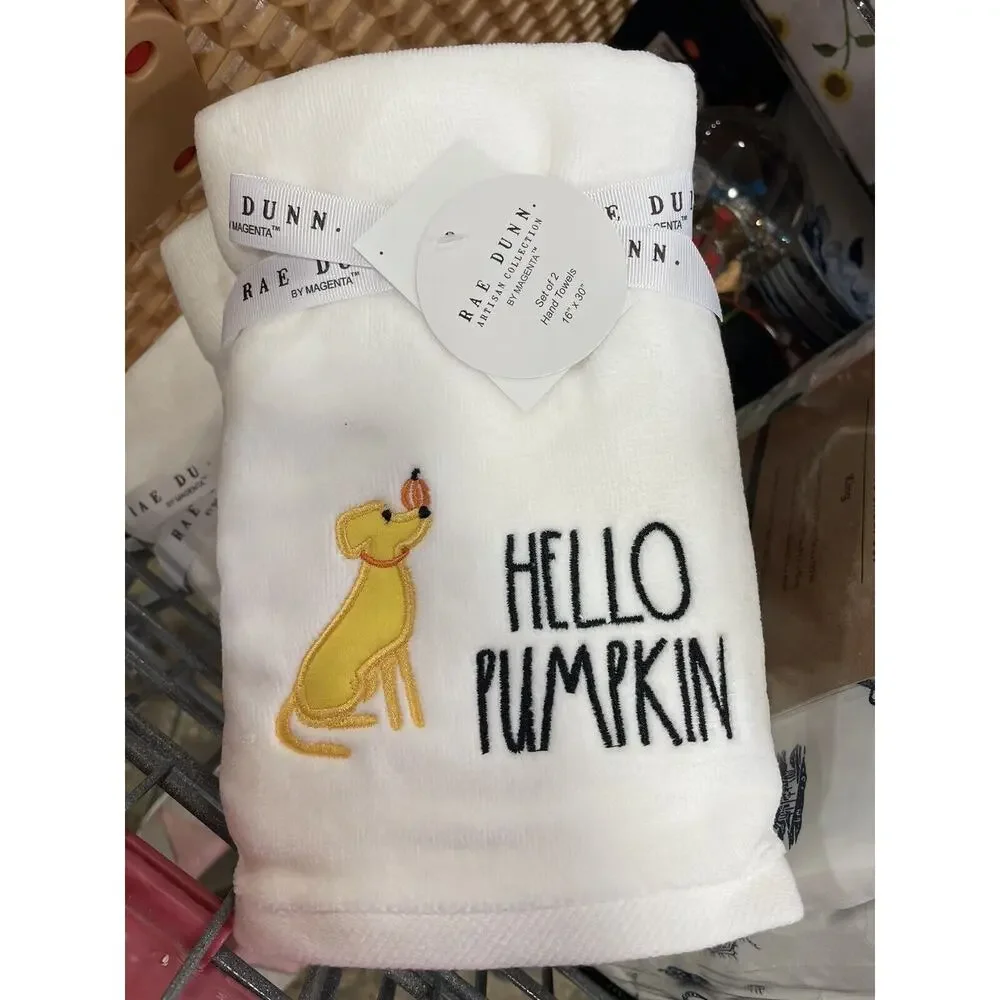 Hello Pumpkin GOLDEN RETRIEVER Rae Dunn Fall Hand Towels Dog Yellow Labrador NEW